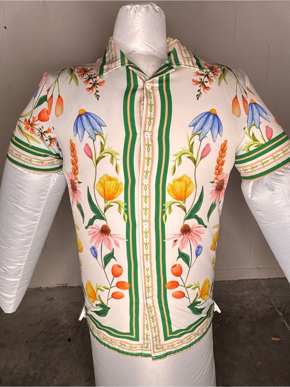 Short Sleeve (US) L Mens Short Sleeve Button Up Cream With Floral Pattern